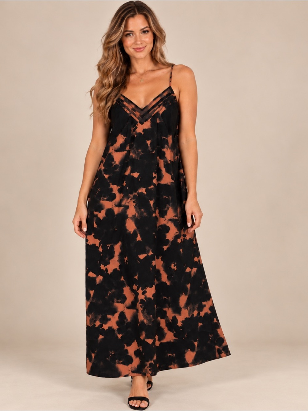 Peyton Jensen XL Black & Rust Abstract Maxi Dress